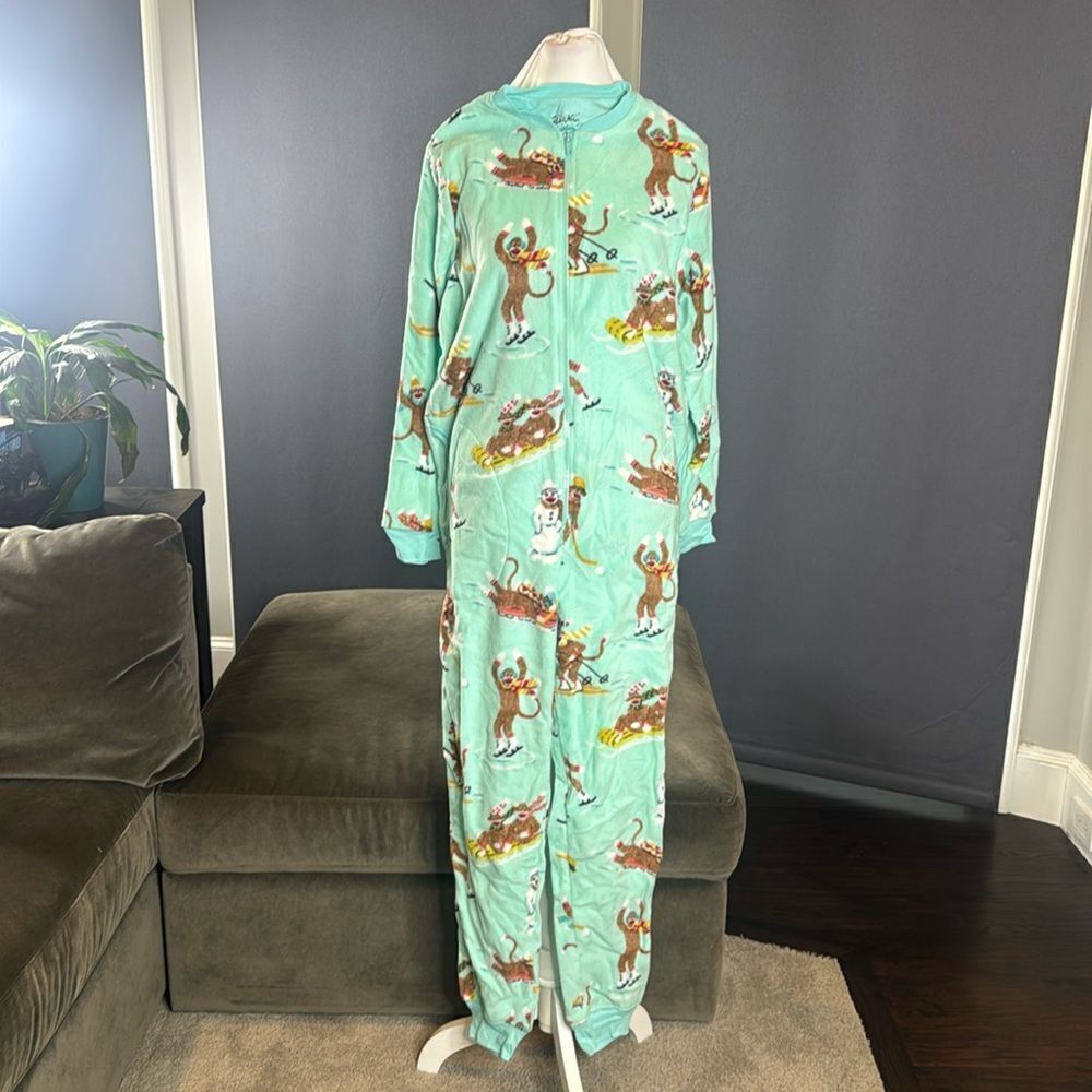 Nick & Nora Adult Teen Unisex Fleece One Piece Sock Monkeys Pajama Size S NWT